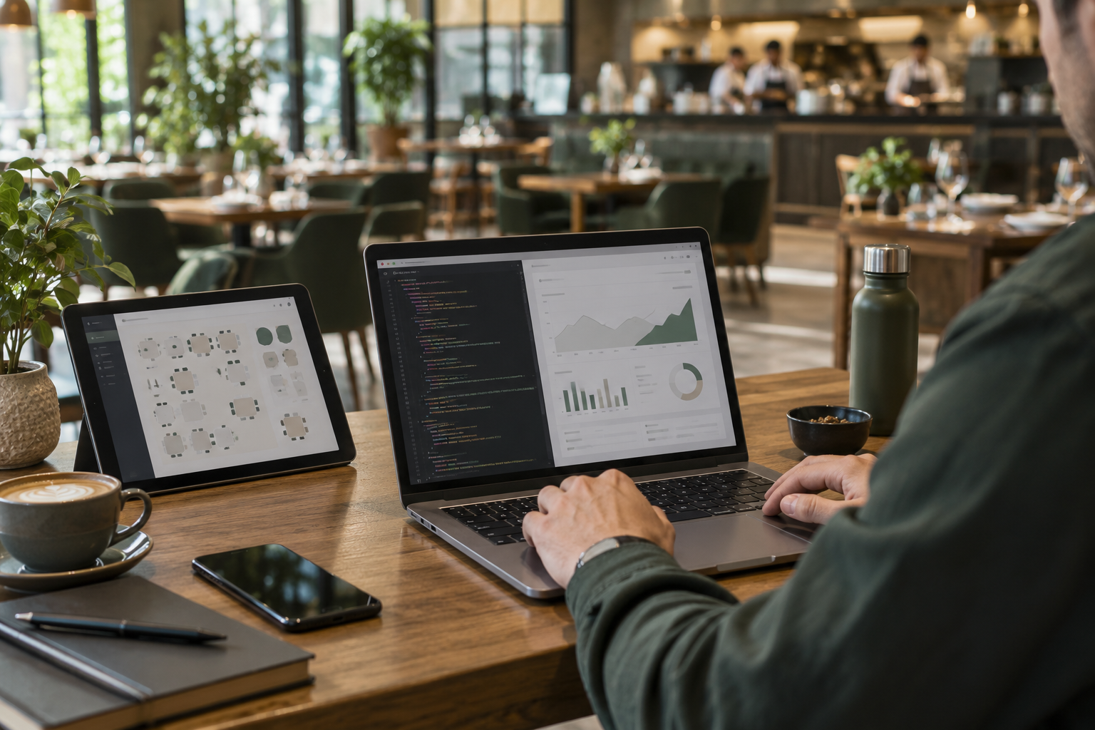 AI-generated restaurant software workspace with a laptop and tablet